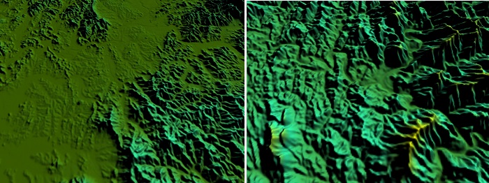 (왼쪽) 넓은 전라남도 나주 평야; (오른쪽) 주변의 태백산, 소백산 줄기에 둘러싸인 강원도 영월군