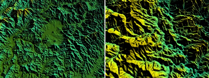 (왼쪽) 호수를 중심으로 형성된 강원도 춘천; (오른쪽) 태백산