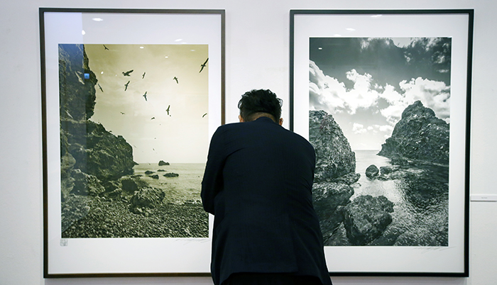 사진작가 김중만이 28일 세종문화회관 미술관에서 자신의 독도 작품을 보고 있다. 전한 기자