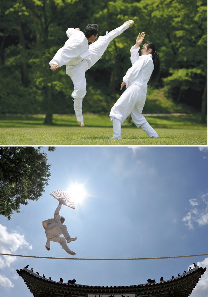 <B>1. Taekkyeon</b> Arte marcial tradicional de Corea que se caracteriza por sus movimientos físicos elegantes pero potentes. <B>2. Jultagi</b> Acrobacia sobre cuerda floja donde se combinan canto, comedia y movimientos acrobáticos. 
