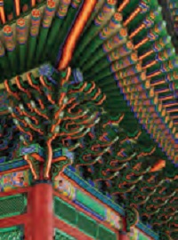 Dancheong es un método tradicional para decorar palacios y templos con diseños intrincados usando los cinco colores cardinales, azul (simboliza el este), blanco (oeste), rojo (sur), negro (norte) y amarillo (centro). Este tipo de pintura también sirve para proteger las estructuras de madera de la intemperie.