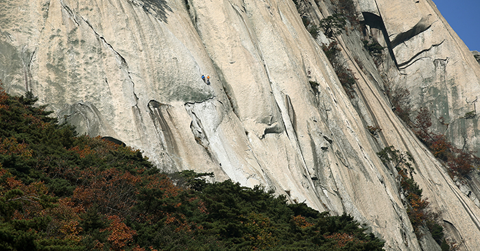 29일 등반객이 해발 708m의 도봉산 선인봉을 암벽등반하고 있다. 