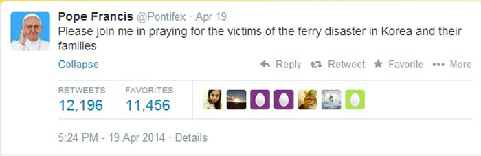 프란치스코 교황이 자신의 트위터에 “한국의 여객선 침몰 참사 희생자와 그들의 가족들을 위한 기도에 동참해 달라”는 글을 게재했다. (사진캡쳐: 프란치스코 교황 트위터)