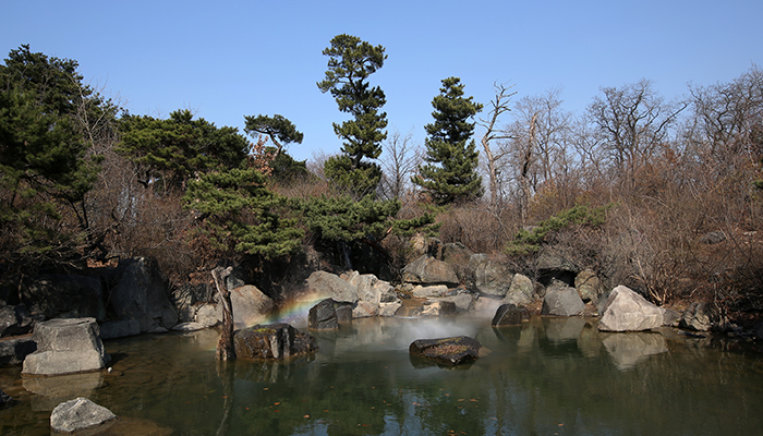 나른한 봄 햇살이 쏟아진 24일 오후 국립중앙박물관 미르연못에 무지개가 피어나며 청량감을 전하고 있다. 