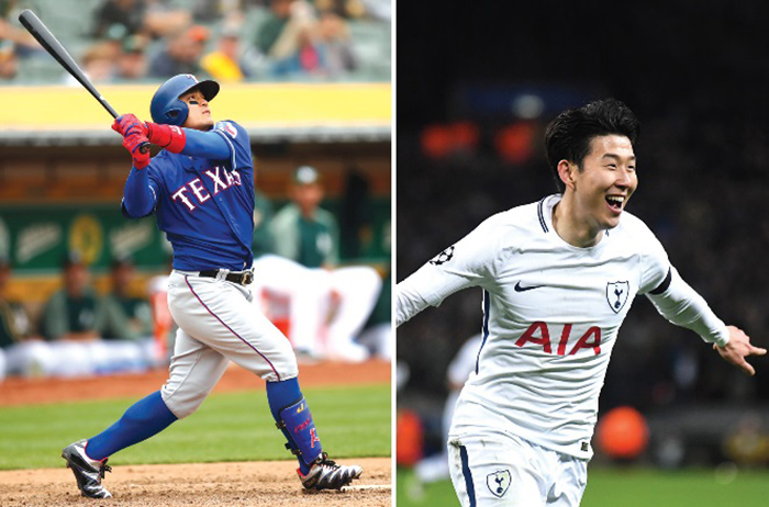 Choo Shin-soo (izquierdo), beisbolista profesional, jardinero de los Texas Ranger de las Ligas Mayores de Béisbol de los Estados Unidos. Son Heung-min (derecha) es un delantero en la Liga Premier británica de fútbol, en el equipo Tottenham Hotspur.