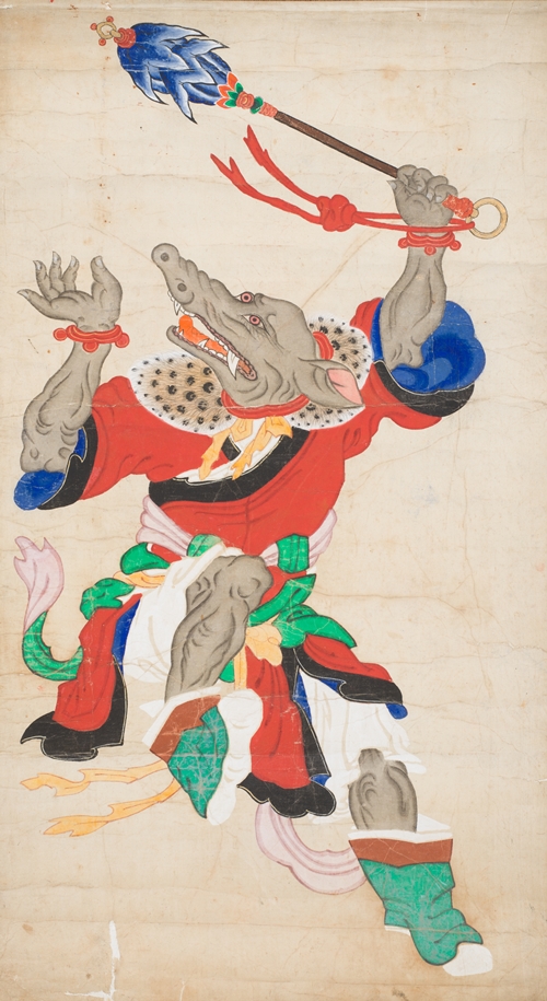 El 12º y último animal que aparece en el ciclo de 12 años del zodiaco chino, el cerdo a menudo se representa como un guardián antropomorfo en las pinturas budistas.