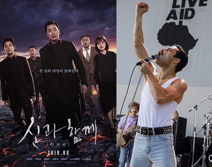El cartel de la película más taquillera del 2018 en Corea, ‘Junto a los dioses: Los últimos 49 días’ (izda.) y una escena de ‘Bohemian Rhapsody, la historia de Freddie Mercury’, otra película exitosa del año pasado en Corea. | Dexter Studio y 20th Century Fox Korea