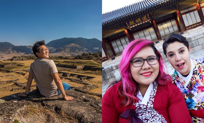 Coreano Vlogs y Double Trouble En Corea son canales de YouTube que muestran sus experiencias culturales en México y en Corea, repectivamente. La foto es Cristian Kim (izda.) de Coreano Vlogs, en Teotihuacán, México, y Gisela Verdin y Diana Verdin de Double Trouble En Corea, vestidas en hanbok en un palacio coreano. | Instagram de Coreano Vlogs y de Double Trouble En Corea