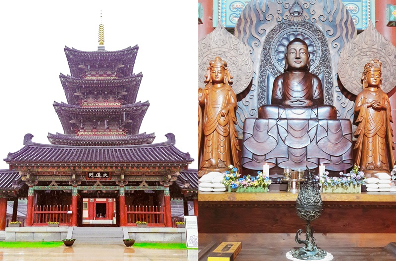 Daetongmun, la entrada al templo Neungsa (izda.), cuyo significado es ‘la verdad está difundida universalmente’, fue nombrada con el propósito de que los deseos de quien visitara el templo se volvieran realidad. Dentro del templo se puede encontrar el único Buda de madera (dcha.). Comúnmente las estatuas de Buda son elaboradas de madera y bañadas en oro.