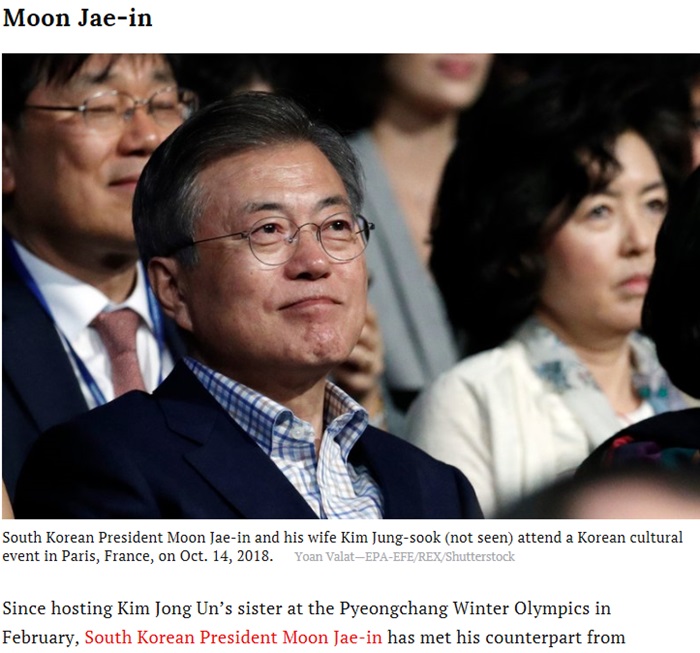 La revista estadounidense Time ha publicado, el 10 de diciembre (hora local), la lista de los candidatos a Persona del Año, incluyendo al presidente Moon Jae-in en reconocimiento a su diplomacia con Corea del Norte. | Captura de la página web de Time