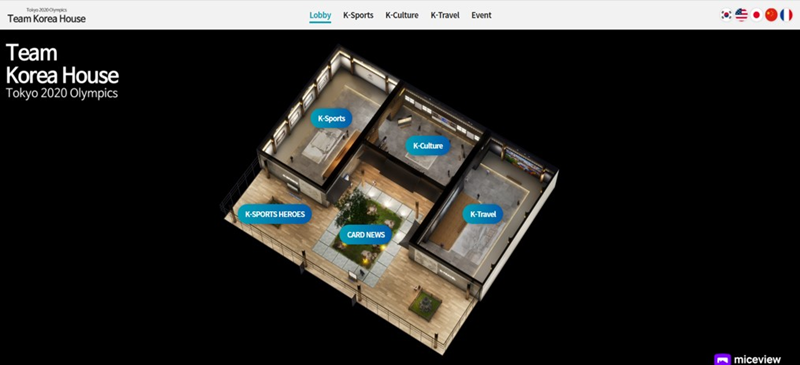 El plano aéreo de la sala de exhibición de realidad virtual en línea en el sitio web de Team Korea House.