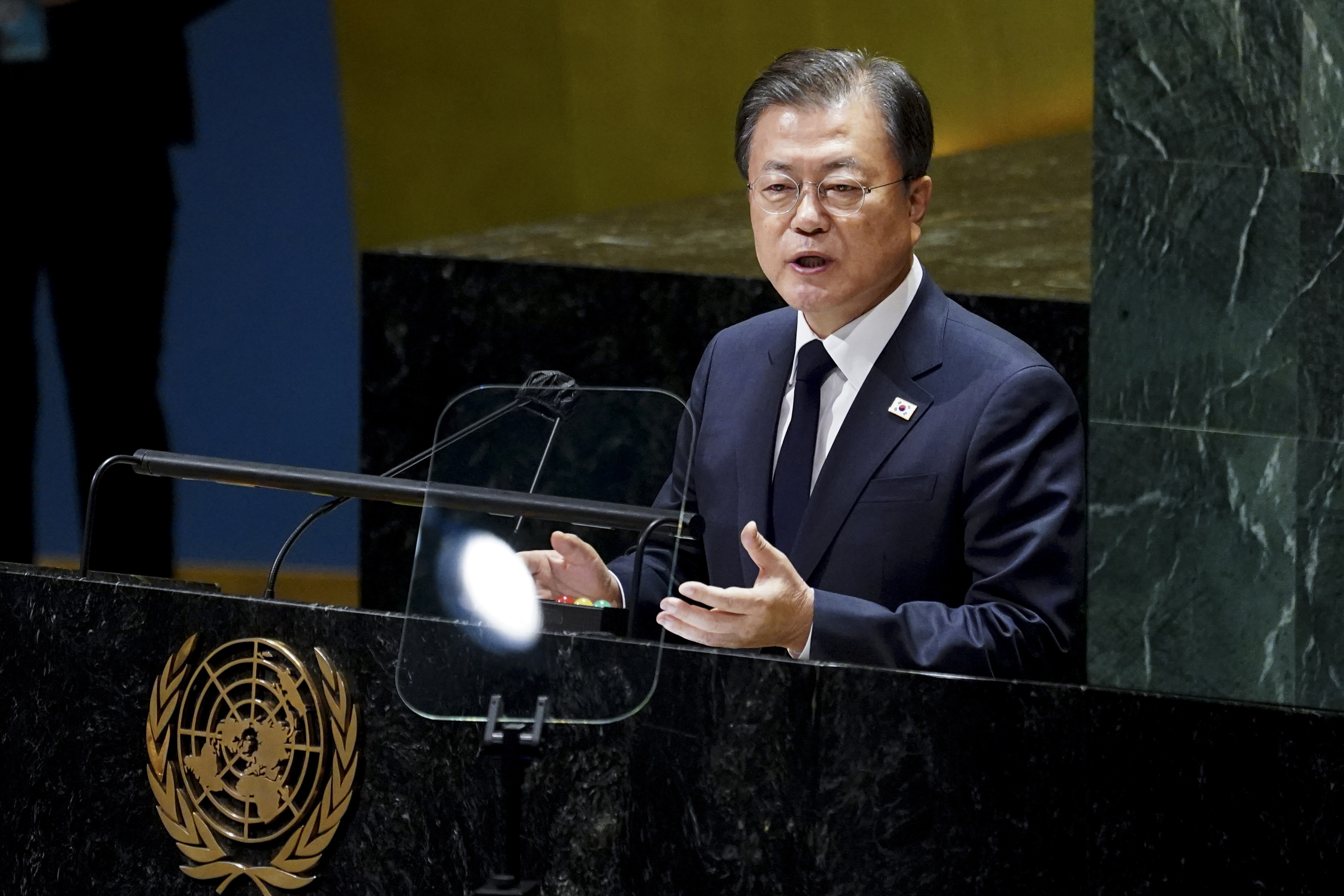 El presidente Moon Jae-in pronuncia el 21 de septiembre (hora local) un discurso de apertura en la Asamblea General de la Organización de las Naciones Unidas en Nueva York, Estados Unidos. | Agencia de Noticias Yonhap 