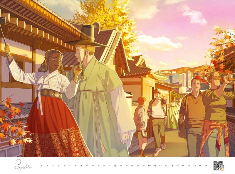 El Servicio de Cultura e Información de Corea (KOCIS) reveló el 5 de noviembre su calendario oficial de 2022 que promueve la cultura coreana en el extranjero, con la colaboración de 12 profesionales en webtoons. La imagen muestra el dibujo para septiembre por Na Yoon-hee bajo el tema 