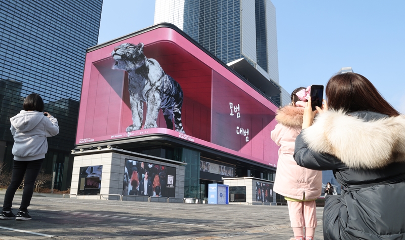 El 2 de enero, frente al Centro de Convenciones y Exhibiciones (COEX, por sus siglas en inglés) en el barrio Samseong-dong, distrito de Gangnam-gu, los ciudadanos toman fotografías de arte electrónico de un tigre negro gigante, proyectado para desear que las personas regresen a la vida normal en medio de la pandemia. | Agencia de Noticias Yonhap