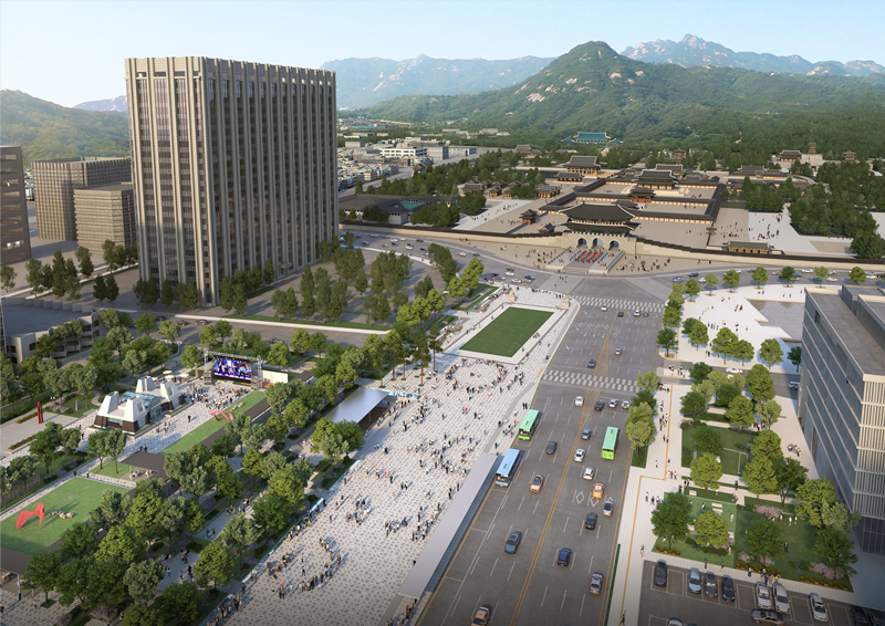 Interpretación artística que ofrece una vista panorámica de la plaza Gwanghwamun renovada. La plaza se ubica en el distrito de Jongno-gu en Seúl y será inaugurada en julio.