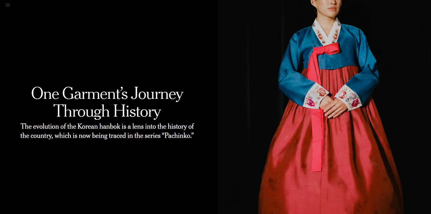 El New York Times del 9 de abril presentó la vestimenta tradicional coreana hanbok en el artículo 'El viaje de una prenda a través de la historia (One Garment’s Journey Through History)'. | Captura de pantalla del sitio web de New York Times 