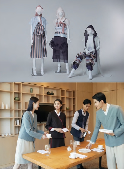 Arriba están los atuendos de hanbok que ganaron premios en el Concurso de Proyectos de Diseño de Hanbok de este año y abajo están los uniformes escolares inspirados en hanbok.