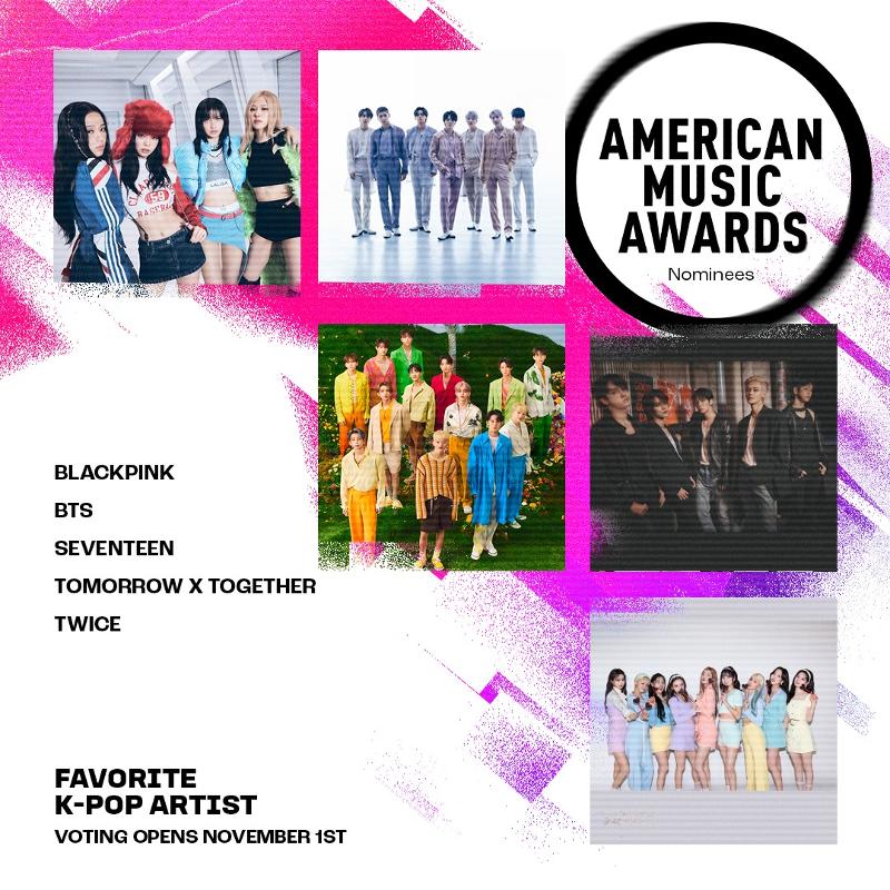 El afiche muestra los cinco grupos de K-pop nominados para el honor inaugural del premio a artista favorito de K-pop. | Página oficial de AMA en Facebook 