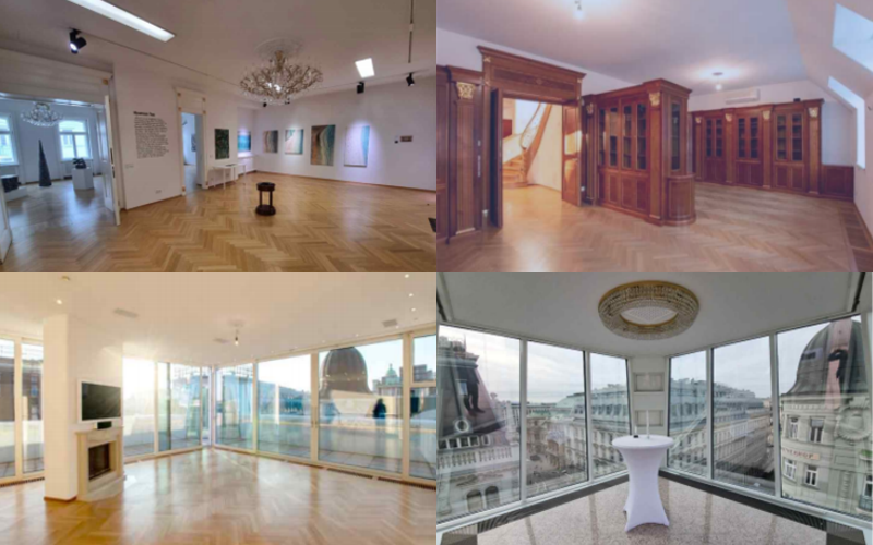 La foto muestra el interior del Centro Cultural Coreano en Austria. Según la dirección de las manesillas reloj, de arriba a la izquierda: sala de exposiciones, biblioteca, pabellón de cristal y 'Daecheongmaru'.