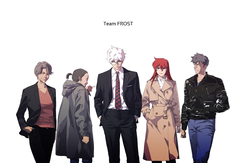 La foto muestra a los personajes principales del webtoon ‘Dr. Frost’, incluido Frost (centro). | Lee Jong Beom