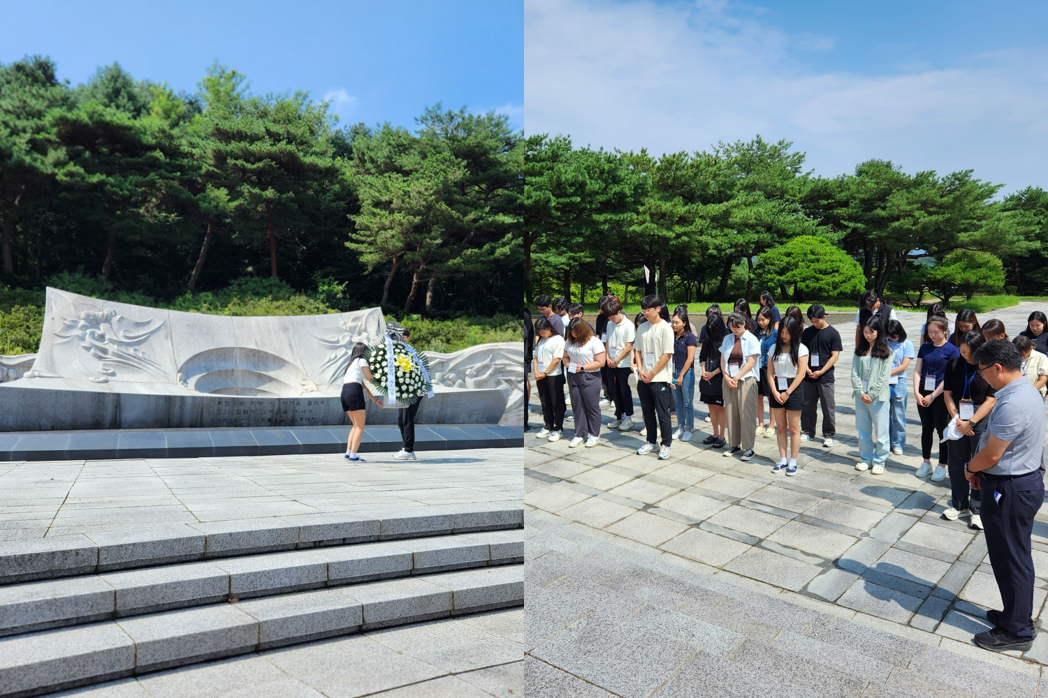Los participantes en un recorrido histórico para descendientes de activistas por la independencia de Corea, el 12 de agosto, depositan crisantemos blancos y rinden homenaje en las Escaleras de 105 Personas del Salón de la Independencia de Corea en Cheonan, provincia de Chungcheongnam-do. | Lee Jihae