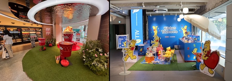 Se muestran la tienda insignia de GS25, cadena de tiendas de conveniencia (izda.) y una tienda de Wadiz, plataforma de micromecenazgo (dcha.), instaladas en el barrio de Seongsu-dong, en el distrito de Seongdong-gu, Seúl.