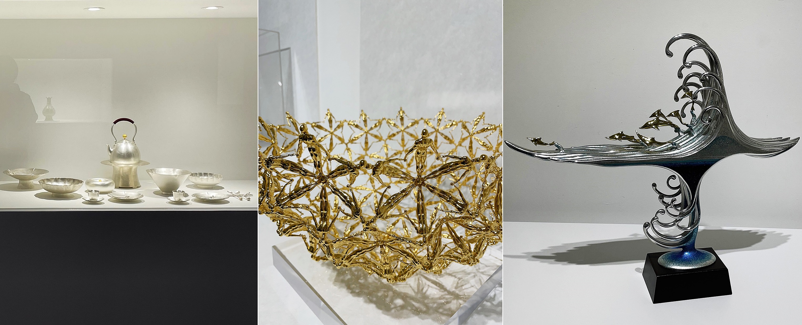 La foto muestra las piezas en metal expresadas de forma diferente por cada artista, presentadas en la 'Exposición de artesanía Corea del Sur-China-Japón: armonía en medio de la diversidad'. De izquierda a derecha: la obra de la artista coreana Kim Young-ock, la obra del artista chino Wang Xiaoxin y la obra del artista japones Miyata Ryōhei. | Xu Aiying