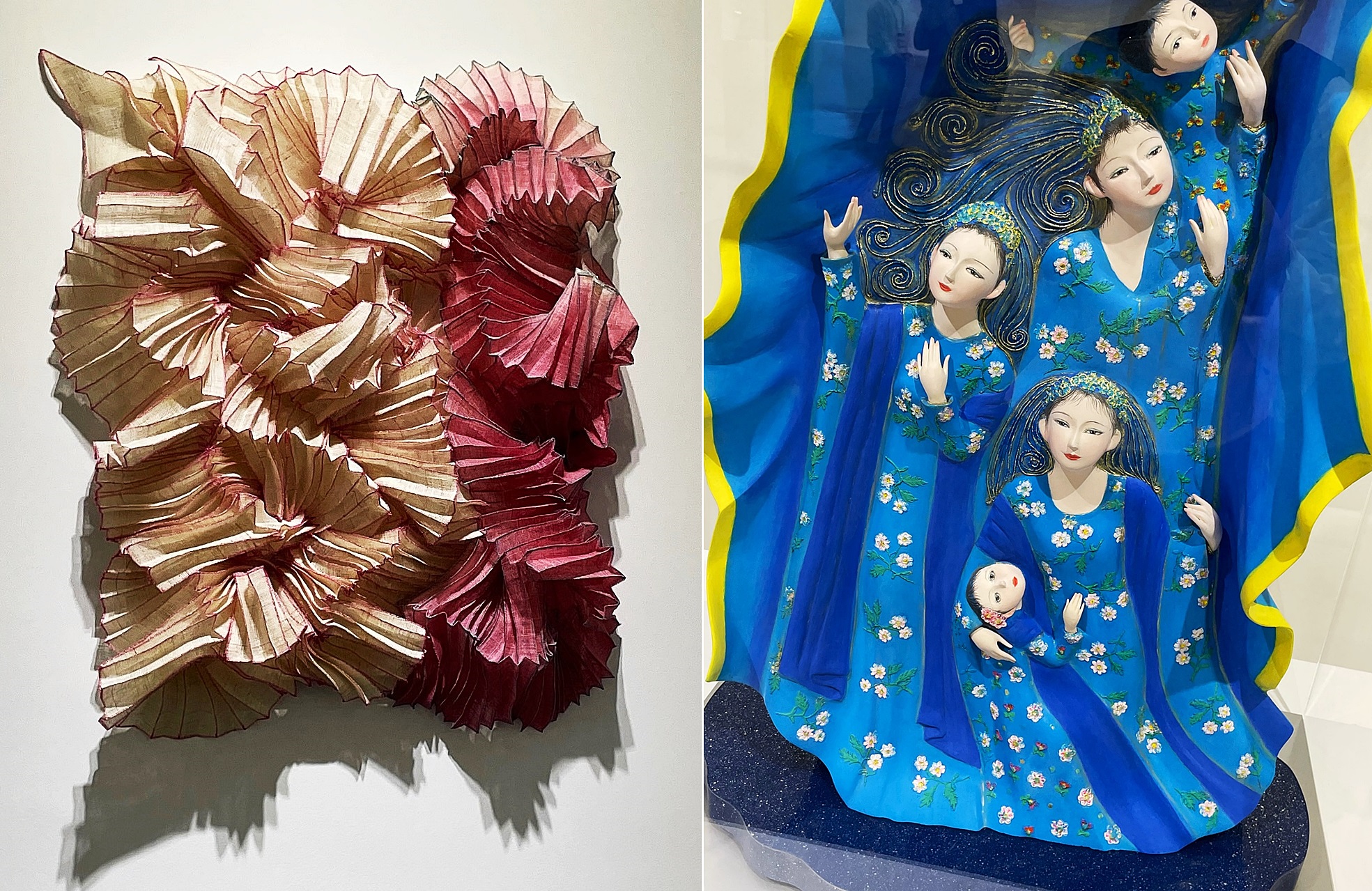 La foto muestra ‘Springen’ (izquierda), una artesanía textil de la artista coreana Cho Hana y ‘Prayer for Peace’, una artesanía de la artista japonesa Sayume Okuda. | Xu Aiying