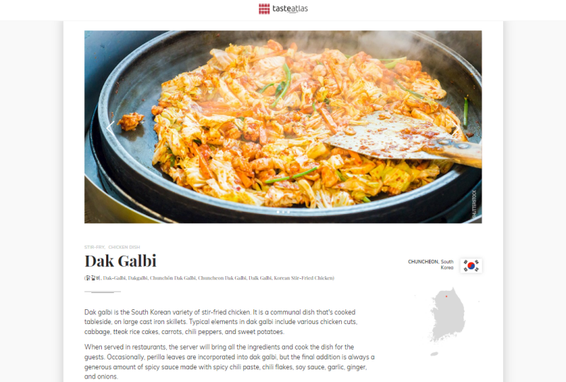 El portal gastronómico Taste Atlas ha seleccionado al dakgalbi (pollo asado picante mezclado con verduras) como el segundo mejor plato salteado del mundo. | Captura de pantalla del sitio web de Taste Atlas 