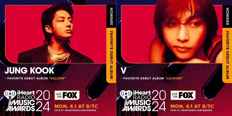 Los miembros V y Jungkook, de BTS, han sido nominados a la categoría 'álbum debut favorito' de los premios estadounidenses 'iHeartRadio Music Awards' de este año por sus álbumes en solitario 'Layover' y 'GOLDEN', respectivamente.