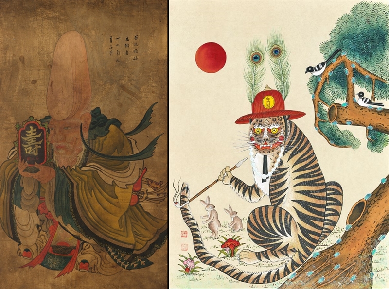 'Sunoinodo' (izquierda), que personifica a la estrella del Polo Sur como una deidad, es la pintura sehwa más antigua. Cada año, la Administración del Patrimonio Cultural de Corea (CHA, por sus siglas en inglés) organiza una ceremonia en el palacio Gyeongbokgung para distribuir las sehwa, incluida la del año pasado, 'Tigre con gorro del portero Sumunjang' (derecha). | Museo Nacional de Corea y Fundación del Patrimonio Cultural de Corea