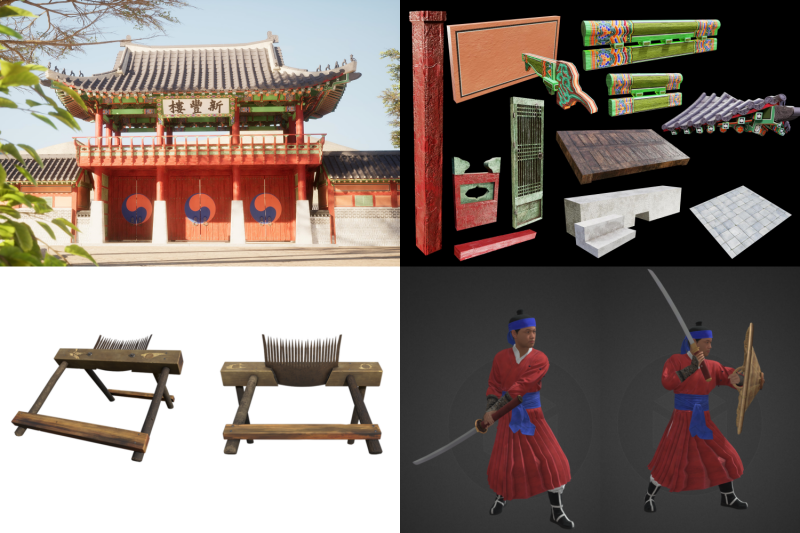El Ministerio de Cultura, Deportes y Turismo y la Agencia de Servicio de Información Cultural de Corea presentaron el 13 de marzo un total de 4.543 datos inmersivos tridimensionales (3D) en el ámbito de la cultura tradicional. En la imagen, en sentido de las agujas del reloj desde arriba a la izquierda, el pabellón Shinpungru en el palacio Hwaseong Haenggung de Suwon, algunas partes del salón Bongsudang en el mismo palacio, algunos movimientos del arte marcial descritos en el libro Muye Dobo Tongji y dos holtae, herramientas para separar granos de arroz del tallo, que fueron usados para el Teatro de Danza Tongjin de Gimpo. | Ministerio de Cultura, Deporte y Turismo