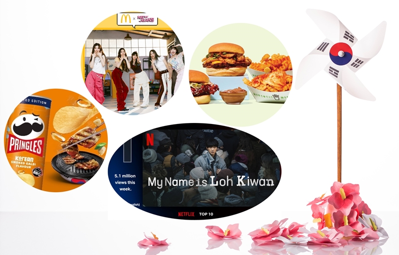 En el sentido de las agujas del reloj: El sabor a galbi ahumado (costillas a la parrilla al estilo coreano) de Pringles; un anuncio de McDonald's protagonizado por el grupo de chicas NewJeans; la hamburguesa y las patatas fritas al estilo coreano de Shake Shack; y la película 'Me llamo Loh Kiwan', que del 4 al 10 de marzo acumuló 5,1 millones de visualizaciones y encabezó la lista semanal de películas en Netflix. | Cuenta de Pringles en Instagram, página de McDonald's en Facebook, sitio web de Shake Shack y Netflix
