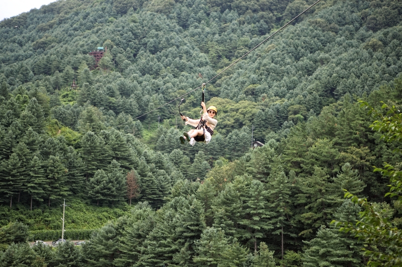 El número de regiones que aceptan un pase turístico digital se duplicará a partir del próximo mes. En la imagen se muestra una persona haciendo tirolesa en Bridge Zipline, en el condado de Gapyeong-gun, provincia de Gyeonggi-do, donde la empresa ofrecerá descuentos a los titulares del pase a partir de junio. | Bridge Zipline