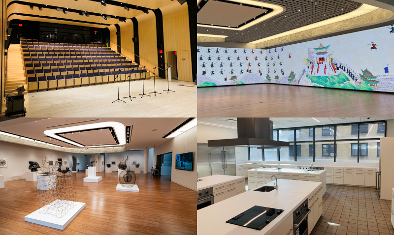 Las fotos muestran algunas de las instalaciones del Centro Cultural Coreano (CCC) de Nueva York, ubicado en la calle 32, entre la Quinta Avenida y Broadway, en la ciudad de Nueva York, EE. UU. De izquierda a derecha, según las manecillas del reloj: sala de espectáculos, pared multimedia, sala de exposiciones y cocina. 