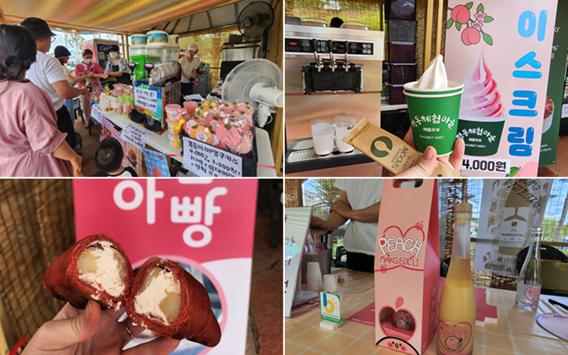 Las fotos muestran algunas de las comidas y bebidas hechas a base de durazno que se ofrecieron en el Festival del Melocotón de Jochiwon. De izquierda a derecha, según las manecillas del reloj: puesto de postres de durazno, helado de durazno, makgeolli (vino de arroz con leche) de durazno y pan salado de durazno.