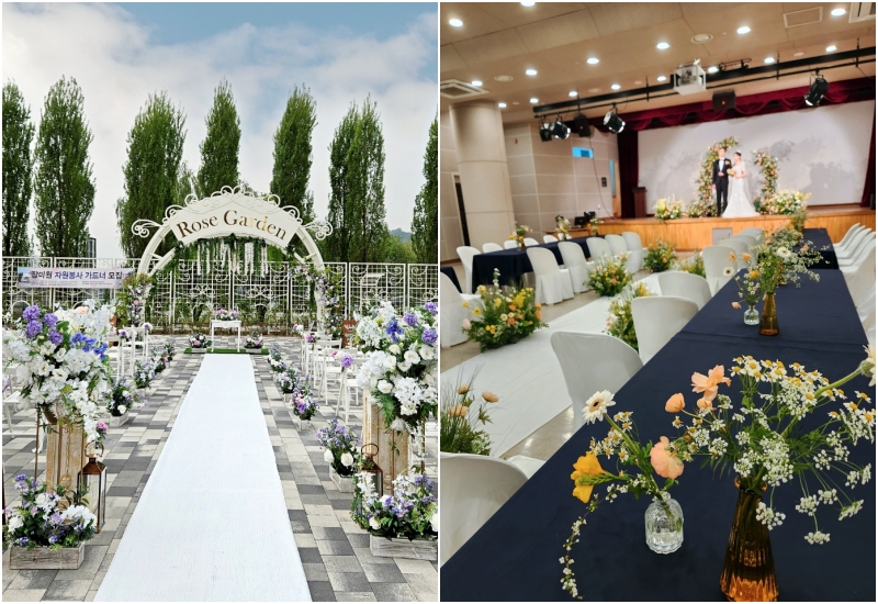 La imagen de la izquierda muestra una rosaleda para bodas en el Parque Gwangnaru del Río Hangang, en el distrito de Gangdong-gu, y la de la derecha muestra un salón de bodas en el Centro de Experiencia de Seguridad Ciudadana de Boramae, en el distrito de Dongjak-gu. Ambos lugares pueden alquilarse de manera gratuita. | Capturas de pantalla del sitio web Seoul My Wedding