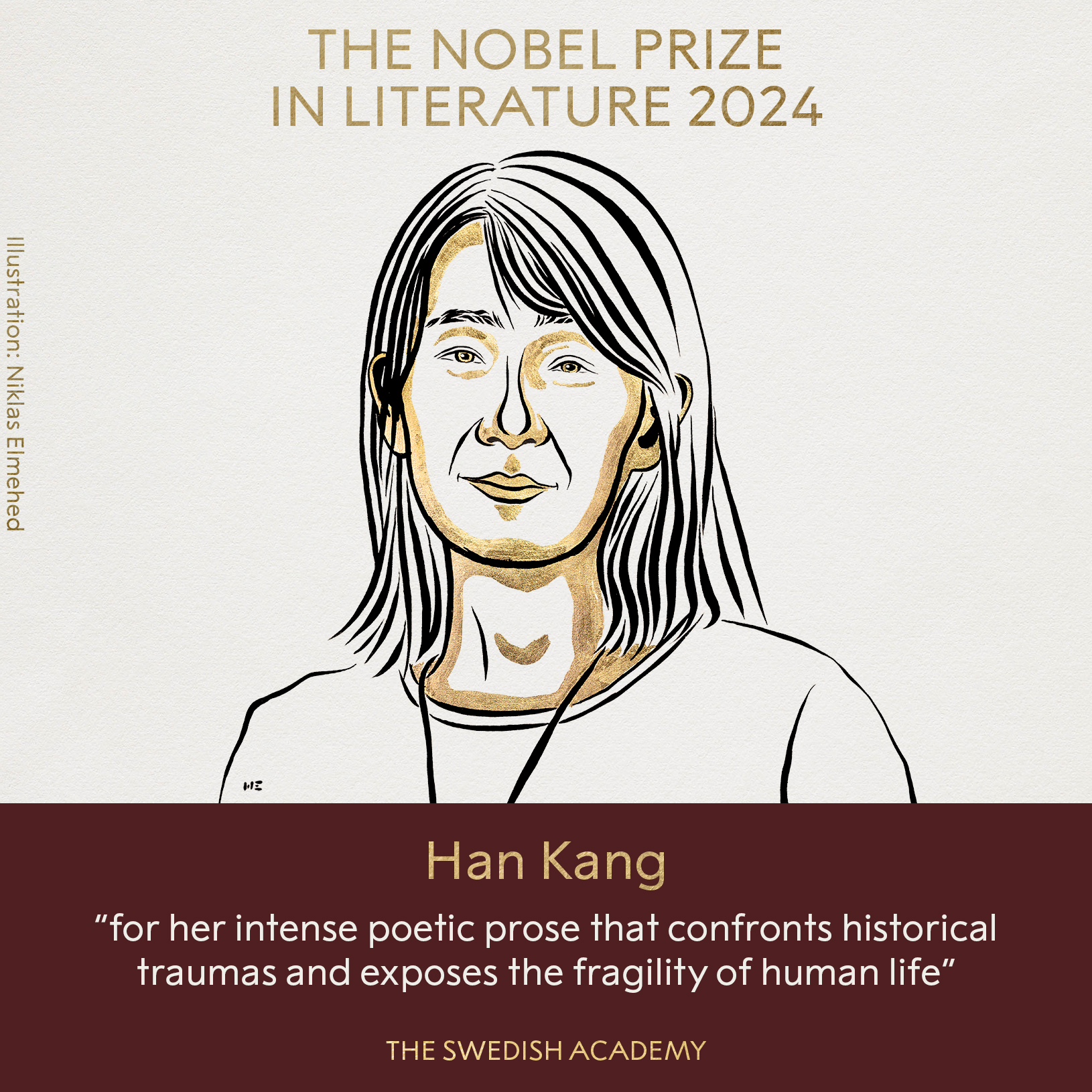 La foto muestra una ilustración donde se menciona a la escritora surcoreana Han Kang como la ganadora del Premio Nobel de Literatura. | Cuenta oficial del Premio Nobel de Literatura en Facebook