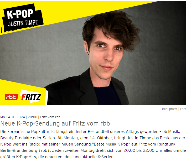 Radio Fritz, el canal musical de la radiotelevisión pública alemana RBB, lanza por primera vez en Alemania un programa de radio dedicado al K-pop. | Captura de pantalla en el sitio web de RBB