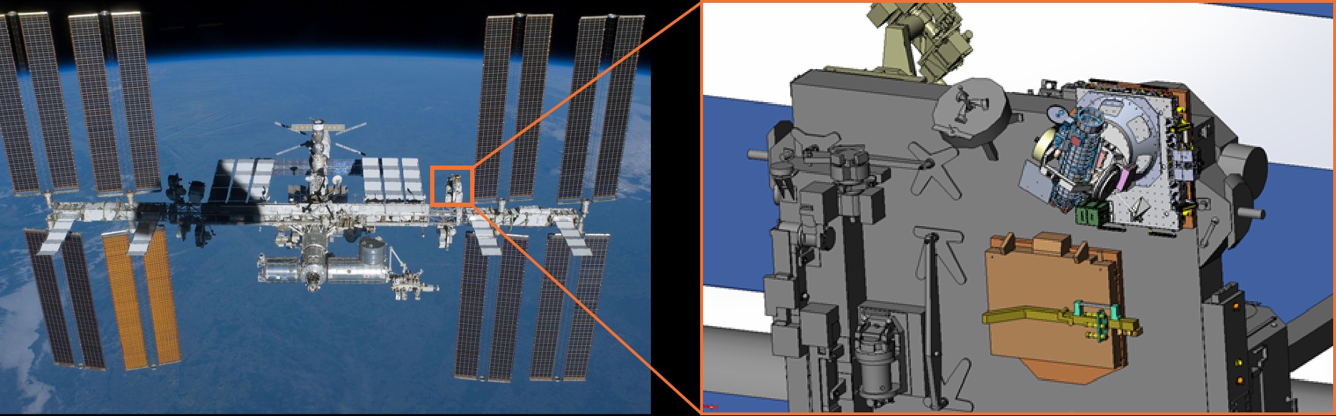 La foto izquierda muestra la Estación Espacial Internacional que será el lugar donde se instalará el coronógrafo solar CODEX, mostrada en la foto derecha. | KASI 