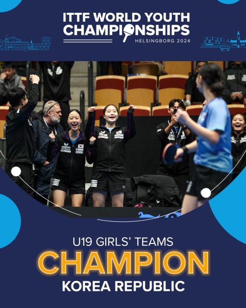 La foto muestra al equipo femenino sub-19 de tenis de mesa celebra su histórico triunfo en el Campeonato Mundial Juvenil de la Federación Internacional de Tenis de Mesa (ITTF), el 24 de noviembre en Helsingborg, Suecia. | Captura de pantalla de la cuenta oficial de la ITTF en Instagram