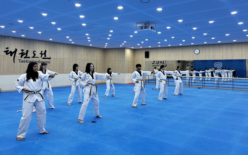 Nueve promotores extranjeros de la cultura coreana aprenden movimientos básicos de taekwondo, el 7 de enero, en el Taekwondowon del condado de Muju-gun, provincia de Jeollabuk-do. | Margareth Theresia