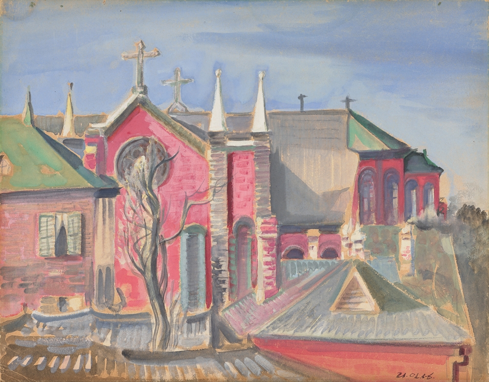 Obra 'Catedral de Kyesan-dong' (década de 1930) de Lee Inseong, presentada por el MMCA. El artista experimentó con técnicas opacas de acuarela y elementos del postimpresionismo, por lo que ganó reconocimiento por su constante innovación en la escena artística coreana. | MMCA