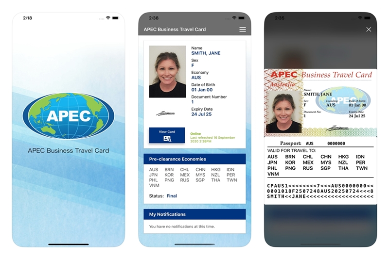 Se muestra la imagen de la tarjeta de viajes para empresarios del Foro de Cooperación Económica Asia-Pacífico (APEC) en versión digital. | Ministerio de Justicia