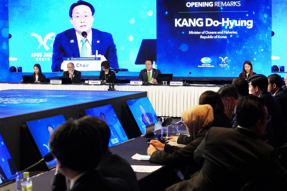 El ministro de Océanos y Pesca de Corea, Kang Do-Hyung, pronuncia un discurso durante la ceremonia de apertura de la quinta Reunión Ministerial sobre Asuntos Marítimos del APEC, celebrada el 1 de mayo en la ciudad de Busan. | Ministerio de Océanos y Pesca