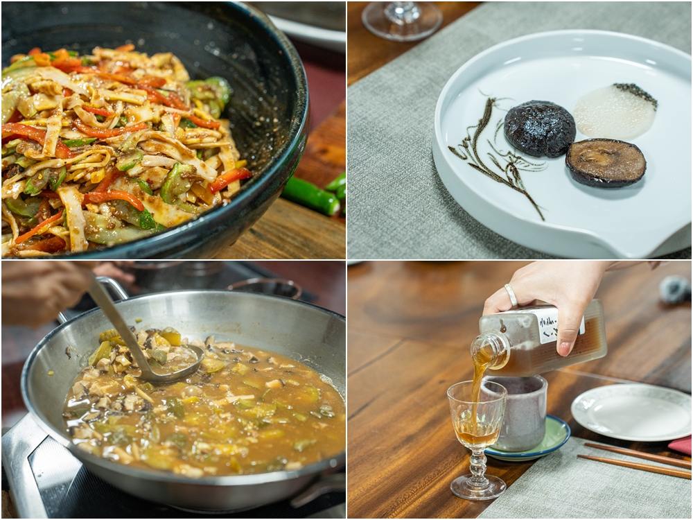 En el sentido de las agujas del reloj: pepino y brotes de bambú sazonados, hongos shiitake con ñame, kombucha del templo Baekyangsa y doenjang jjigae (spoa de pasta de soja)