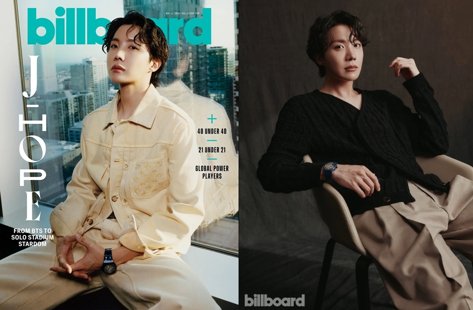 Se muestra la portada de la edición de mayo de la revista musical estadounidense Billboard protagonizada por J-Hope de BTS (izquierda), junto con una imagen del reportaje fotográfico publicadas el 20 de mayo. | Billboard