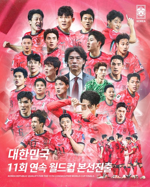 Un póster promocional de la Asociación de Fútbol de Corea (KFA, según sus siglas en inglés) muestra al entrenador Hong Myung-bo y jugadores clave celebrando la clasificación de Corea a su undécimo Mundial consecutivo tras vencer 2-0 a Irak el 6 de junio (hora local). | Cuenta de KFA en X