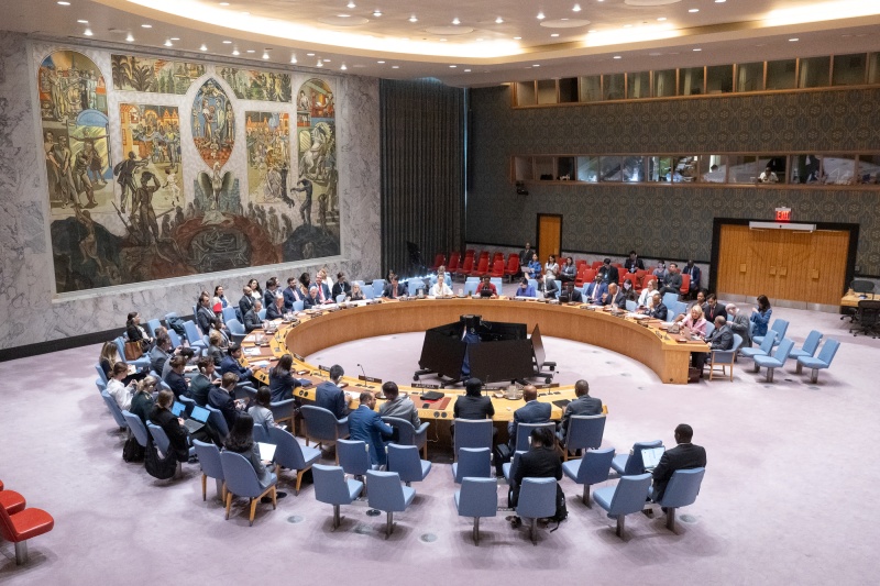 Se muestra la sala de reuniones del Consejo de Seguridad de las Naciones Unidas (CSNU), en la sede de la ONU, en Nueva York, el 28 de agosto (hora local), durante una sesión sobre Haití. 