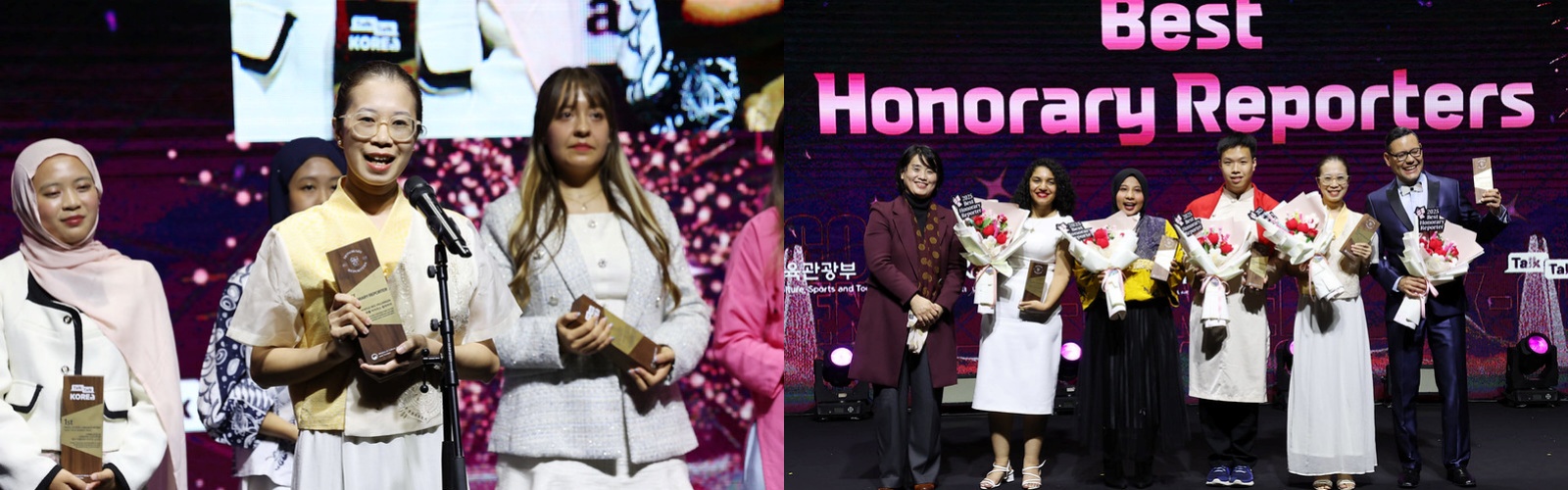 Myrtle Iris Villaraza (izquierda), de Filipinas, pronuncia su discurso de agradecimiento, y los cinco reporteros honorarios destacados (derecha) posan en el escenario. De izquierda a derecha: Chae Su-hee, directora general de la Oficina de Relaciones Públicas Globales, Eman Ahmed Mohamed (Egipto), Hanum Nur Aprilia (Indonesia), Hoang Xuan Tung (Vietnam), Myrtle Iris Villaraza (Filipinas) y José Alirio Peña Zerpa (Venezuela). 